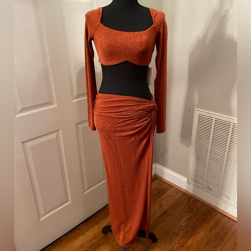 Two piece stretch orange crop and skirt combo
